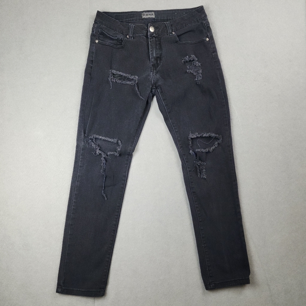 CJ Black Skinny Flex Jeans Black Womens Size 31 Distressed Holes Zip Stretch